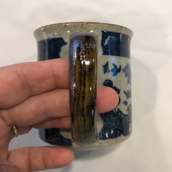 Gray Speckled Stoneware Blue Japan Images Brown Handle Tea Coffee Mug 3-1/2” - Picture 3 of 7